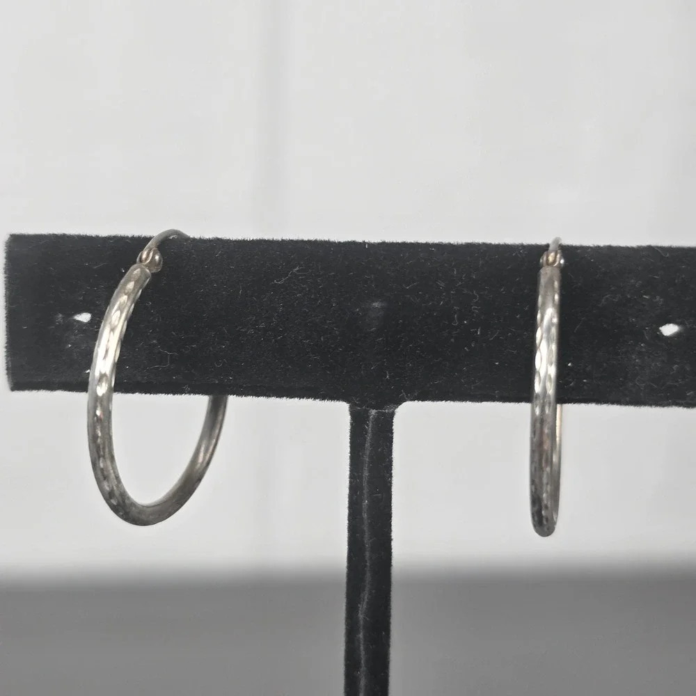 Sterling Silver Diamond Cut Textured Hoop Earrings Latch Back 925